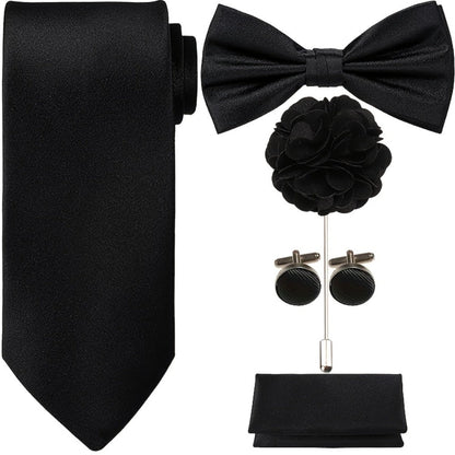Men's Necktie - Satin Tie Set for 5 Piece Bow Tie Pocket Square Lapel Pin Cuff Links - main product view