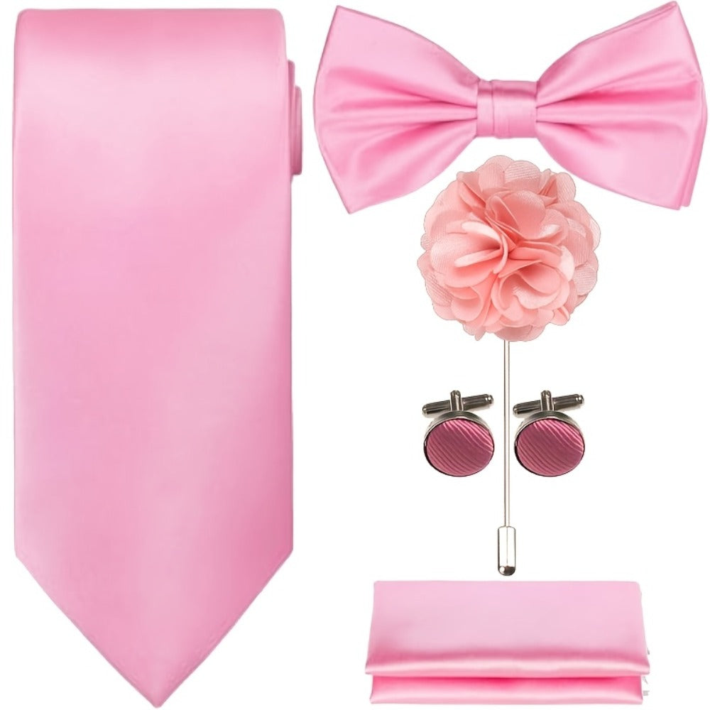Men's Necktie - Satin Tie Set for 5 Piece Bow Tie Pocket Square Lapel Pin Cuff Links - product detail view 6