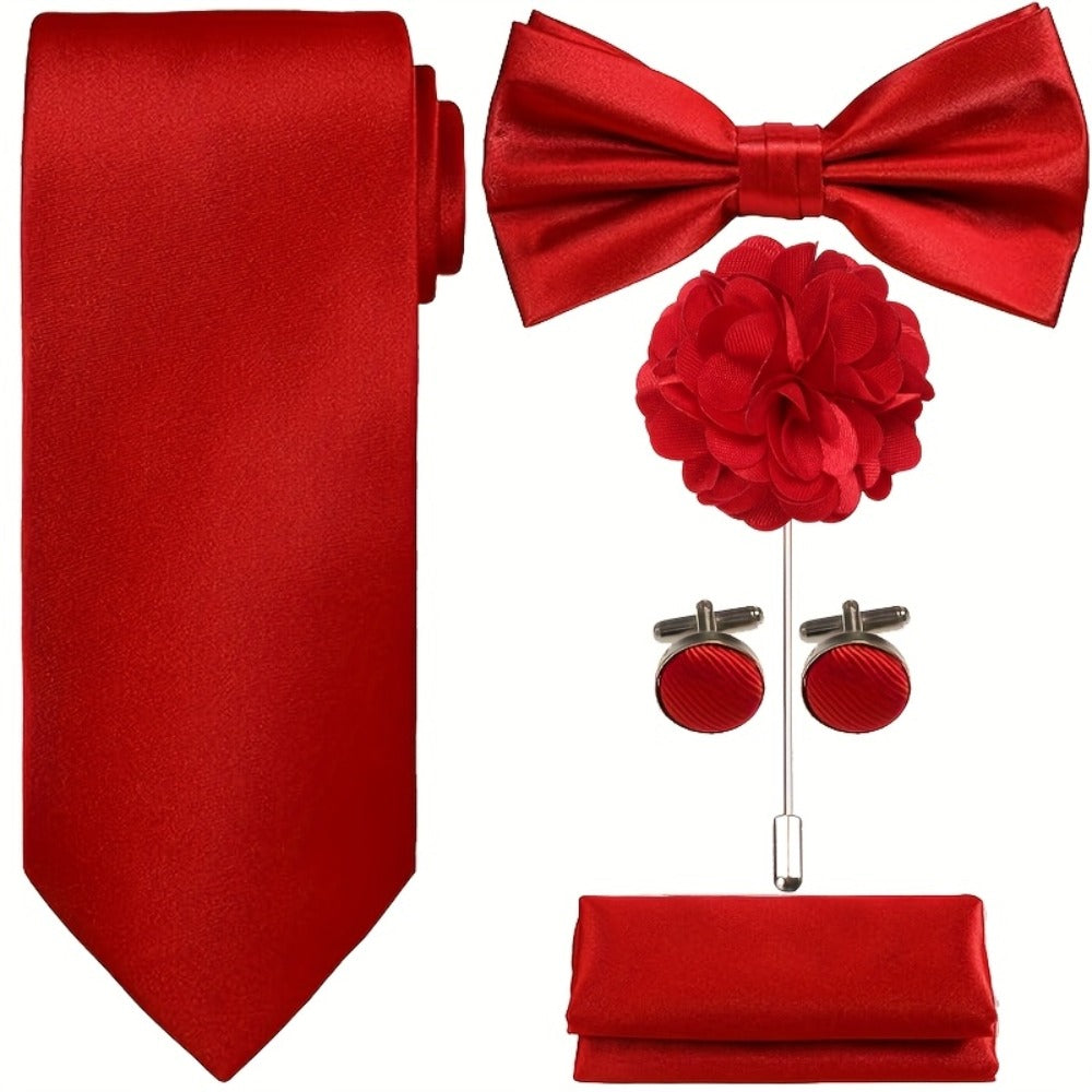 Men's Necktie - Satin Tie Set for 5 Piece Bow Tie Pocket Square Lapel Pin Cuff Links - product detail view 8