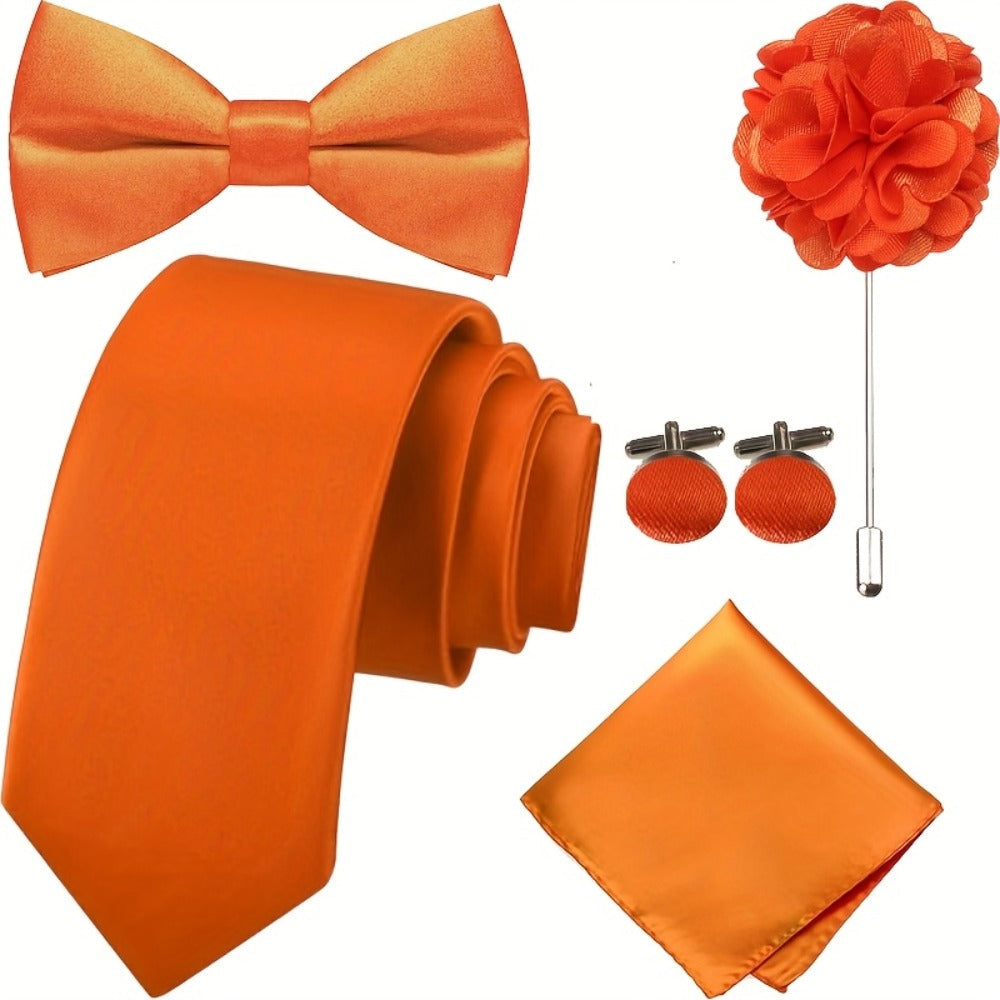 Men's Necktie - Satin Tie Set for 5 Piece Bow Tie Pocket Square Lapel Pin Cuff Links - product detail view 11