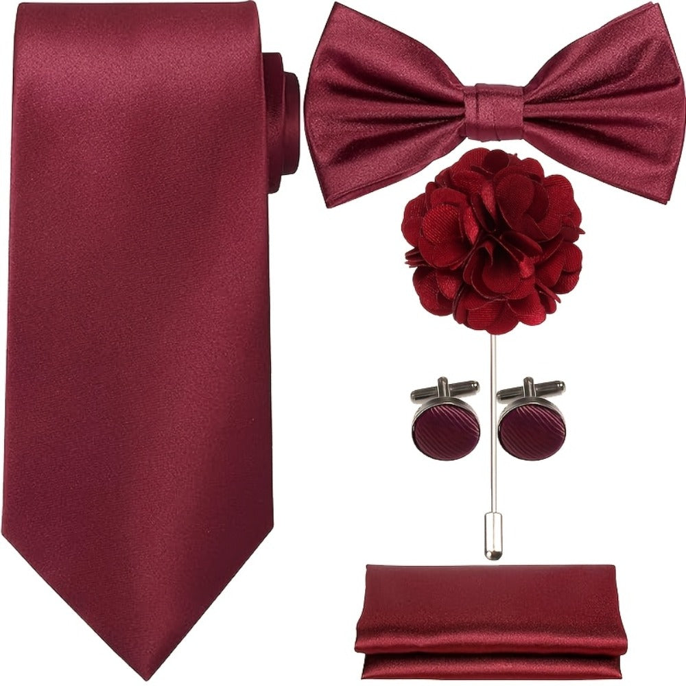 Men's Necktie - Satin Tie Set for 5 Piece Bow Tie Pocket Square Lapel Pin Cuff Links - product detail view 12