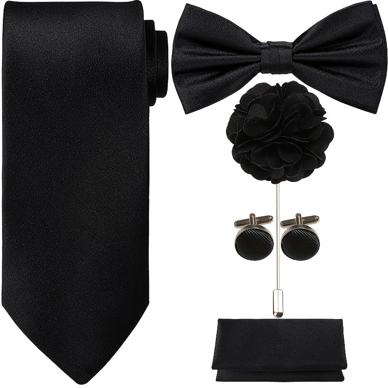 Men's Necktie - Satin Tie Set for 5 Piece Bow Tie Pocket Square Lapel Pin Cuff Links - product detail view 15