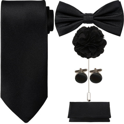 Men's Necktie - Satin Tie Set for 5 Piece Bow Tie Pocket Square Lapel Pin Cuff Links - product detail view 15