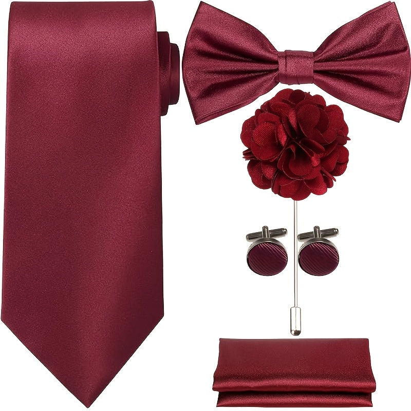 Men's Necktie - Satin Tie Set for 5 Piece Bow Tie Pocket Square Lapel Pin Cuff Links - product detail view 21