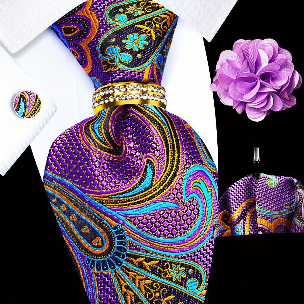 Men's Necktie - Silk Tie Set for 5 Piece 2400 Thread Count Pocket Square Cufflinks Lapel - product detail view 2