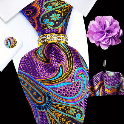 Men's Necktie - Silk Tie Set for 5 Piece 2400 Thread Count Pocket Square Cufflinks Lapel - product detail view 2