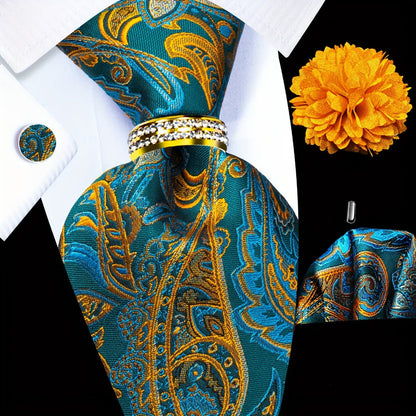 Men's Necktie - Silk Tie Set for 5 Piece 2400 Thread Count Pocket Square Cufflinks Lapel - product detail view 4