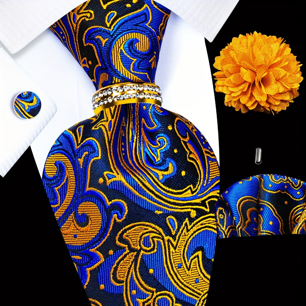 Men's Necktie - Silk Tie Set for 5 Piece 2400 Thread Count Pocket Square Cufflinks Lapel - product detail view 8