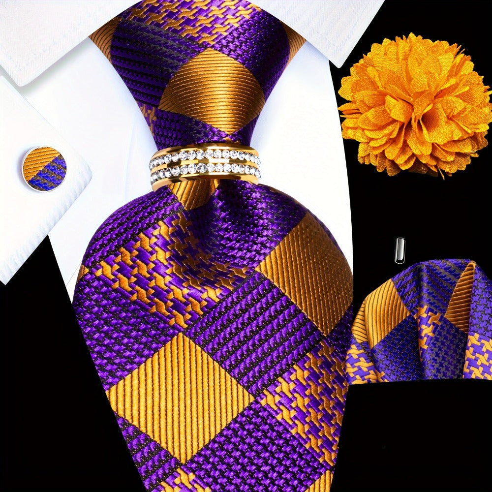 Men's Necktie - Silk Tie Set for 5 Piece 2400 Thread Count Pocket Square Cufflinks Lapel - product detail view 10