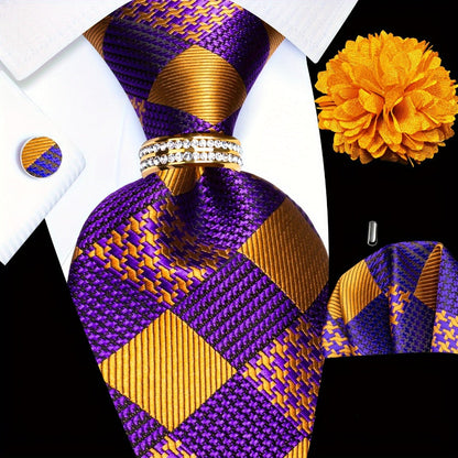 Men's Necktie - Silk Tie Set for 5 Piece 2400 Thread Count Pocket Square Cufflinks Lapel - product detail view 10