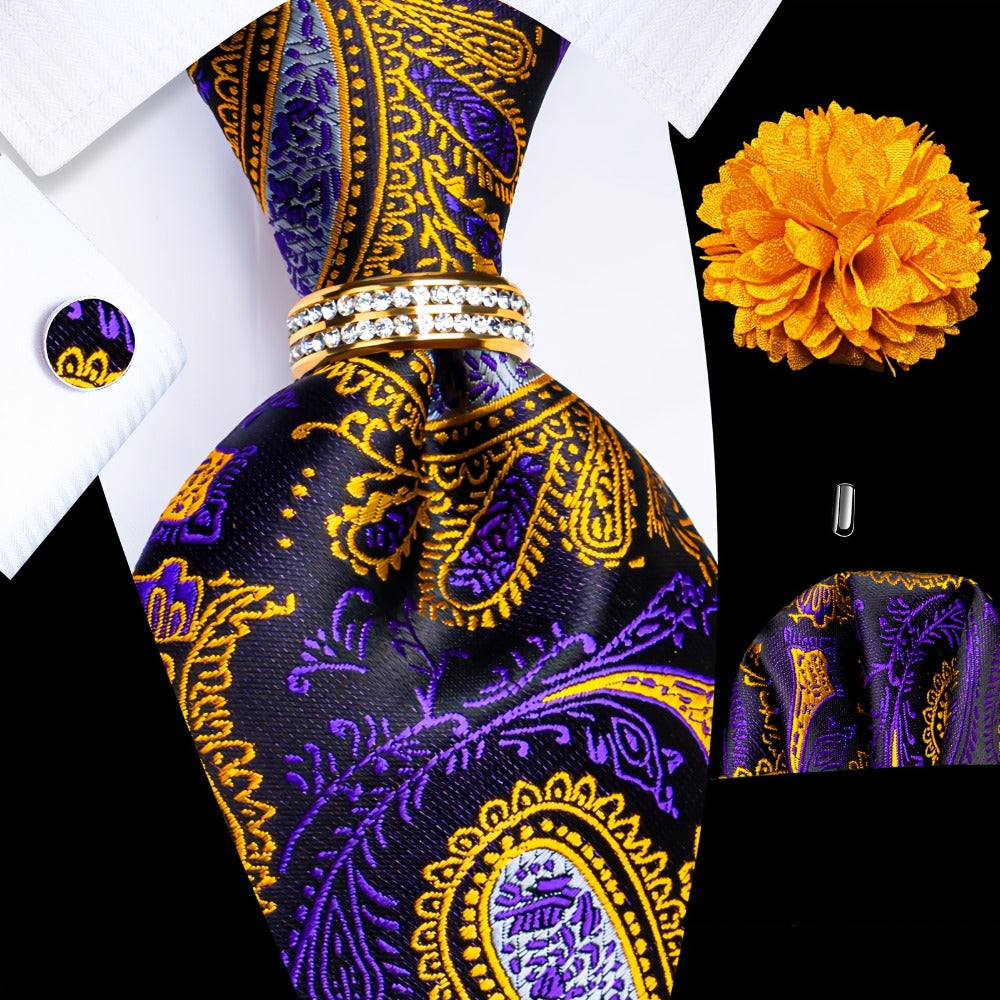 Men's Necktie - Silk Tie Set for 5 Piece 2400 Thread Count Pocket Square Cufflinks Lapel - product detail view 12