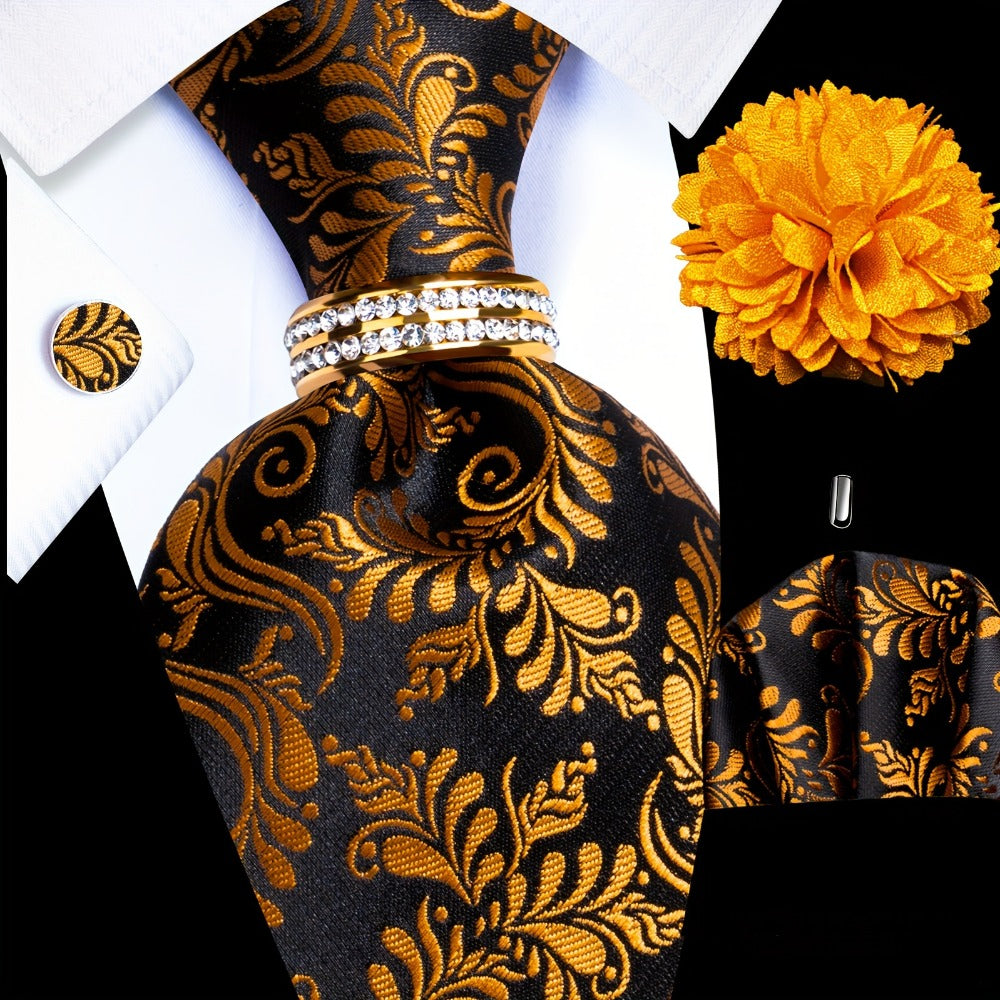 Men's Necktie - Silk Tie Set for 5 Piece 2400 Thread Count Pocket Square Cufflinks Lapel - product detail view 14