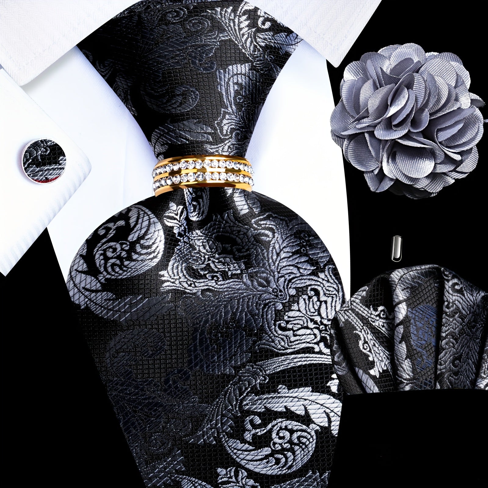 Men's Necktie - Silk Tie Set for 5 Piece 2400 Thread Count Pocket Square Cufflinks Lapel - product detail view 21