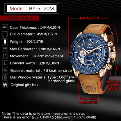 Men's Quartz Watch - BENYAR Luminous Chronograph Analog Big Face Business Sport Casual Fashion - product detail view 2