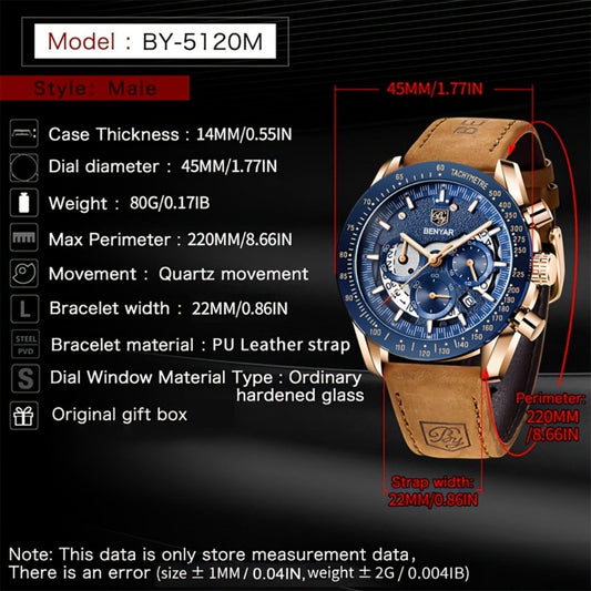 Men's Quartz Watch - BENYAR Luminous Chronograph Analog Big Face Business Sport Casual Fashion - product detail view 2