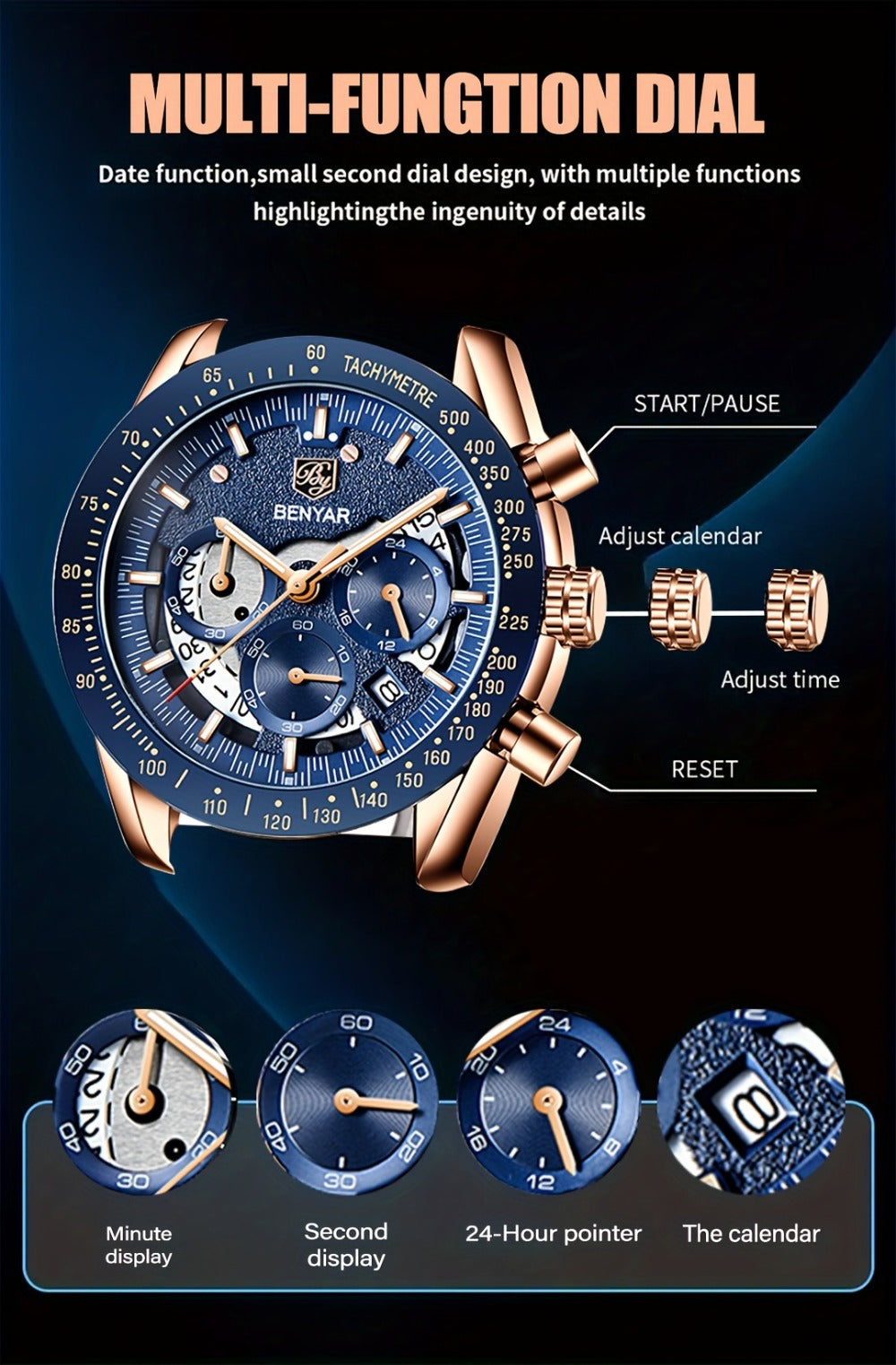Men's Quartz Watch - BENYAR Luminous Chronograph Analog Big Face Business Sport Casual Fashion - product detail view 15