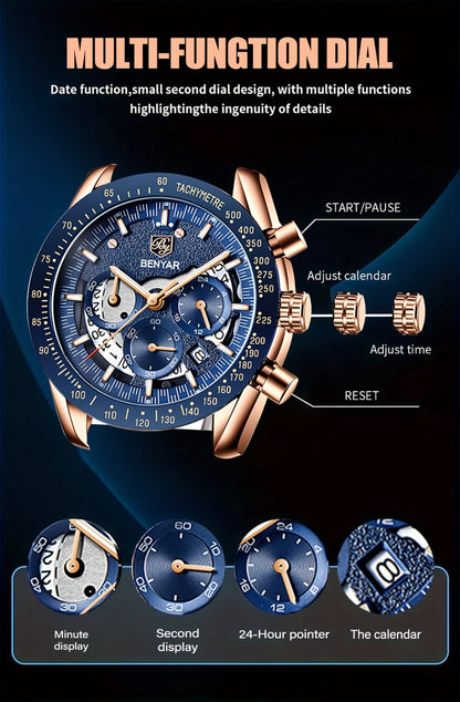 Men's Quartz Watch - BENYAR Luminous Chronograph Analog Big Face Business Sport Casual Fashion - product detail view 15