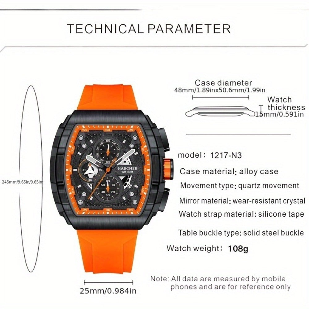 Men's Quartz Watch - Chronograph for Luxury Tonneau Sport Wristwatch Luminous Waterproof Racing - product detail view 4