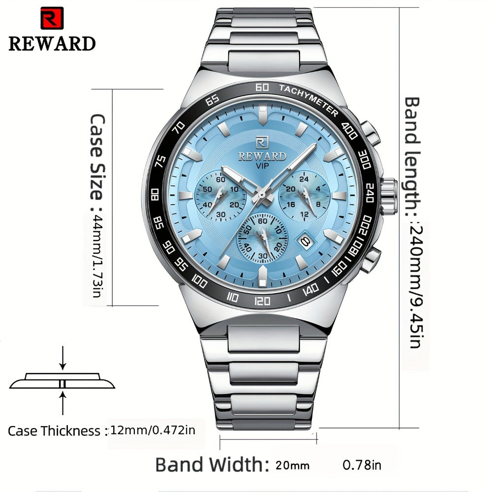 Men's Quartz Watch - Chronograph Sport REWARD VIP Luminous Stainless Steel Wristwatch Ice Blue - product detail view 2