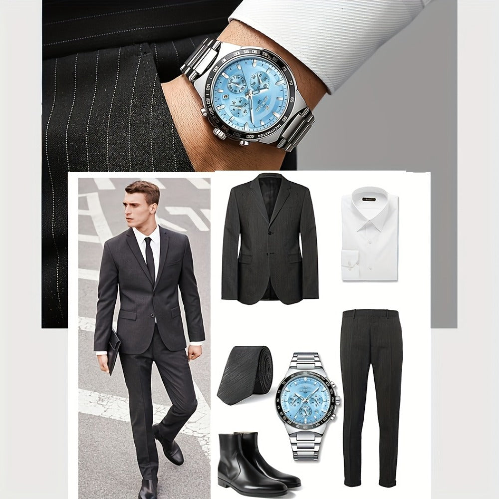 Men's Quartz Watch - Chronograph Sport REWARD VIP Luminous Stainless Steel Wristwatch Ice Blue - product detail view 4