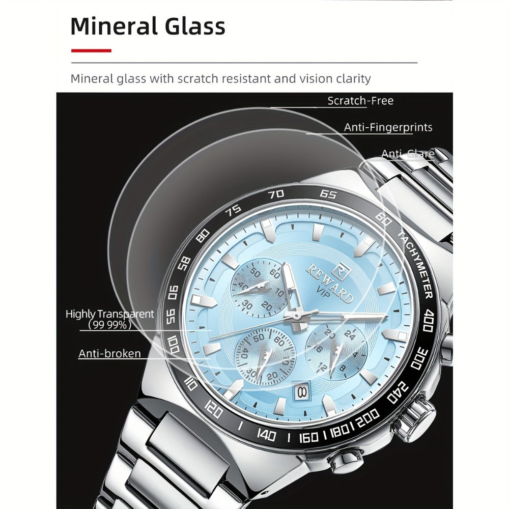 Men's Quartz Watch - Chronograph Sport REWARD VIP Luminous Stainless Steel Wristwatch Ice Blue - product detail view 8