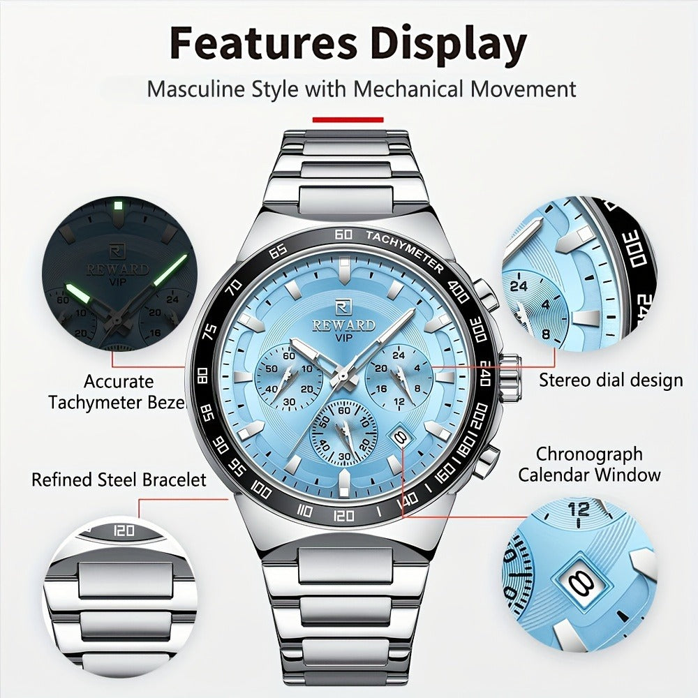 Men's Quartz Watch - Chronograph Sport REWARD VIP Luminous Stainless Steel Wristwatch Ice Blue - product detail view 12