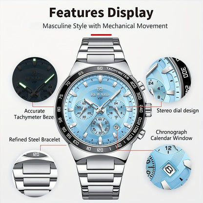 Men's Quartz Watch - Chronograph Sport REWARD VIP Luminous Stainless Steel Wristwatch Ice Blue - product detail view 12