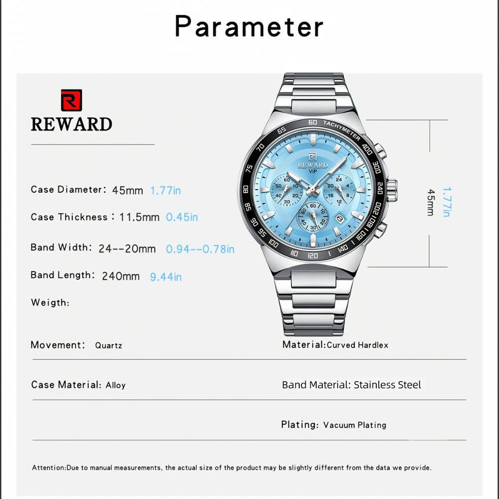 Men's Quartz Watch - Chronograph Sport REWARD VIP Luminous Stainless Steel Wristwatch Ice Blue - product detail view 13