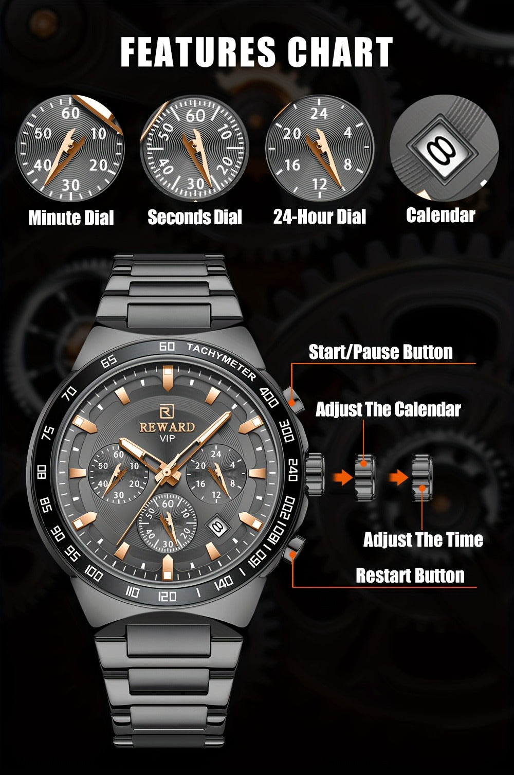Men's Quartz Watch - Chronograph Sport REWARD VIP Luminous Stainless Steel Wristwatch Ice Blue - product detail view 16