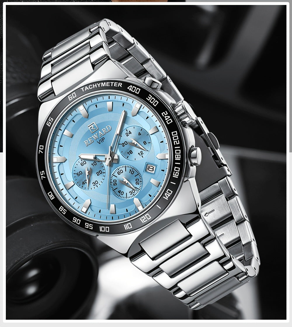 Men's Quartz Watch - Chronograph Sport REWARD VIP Luminous Stainless Steel Wristwatch Ice Blue - product detail view 18