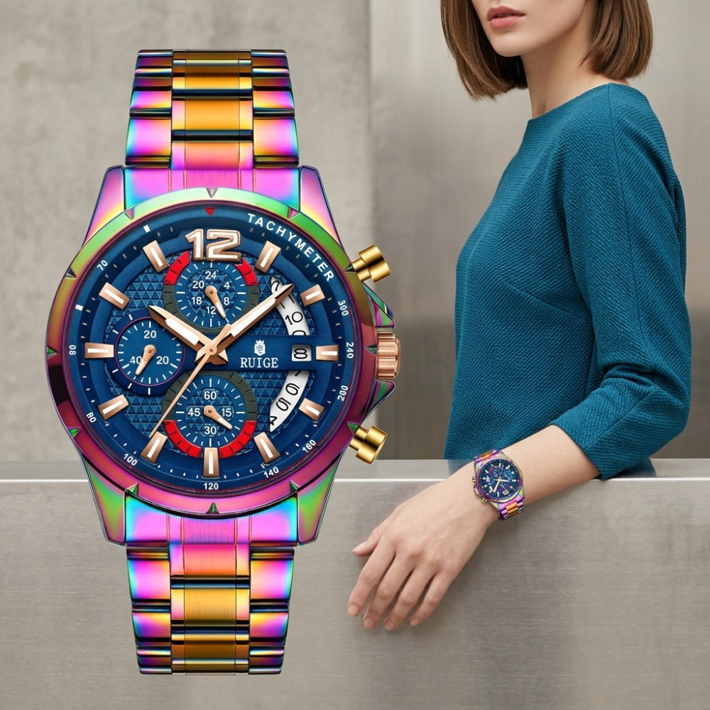 Women's Quartz Watch - Colorful 's with Date Display & Night Light Stainless Steel Band, Trendy - product detail view 6