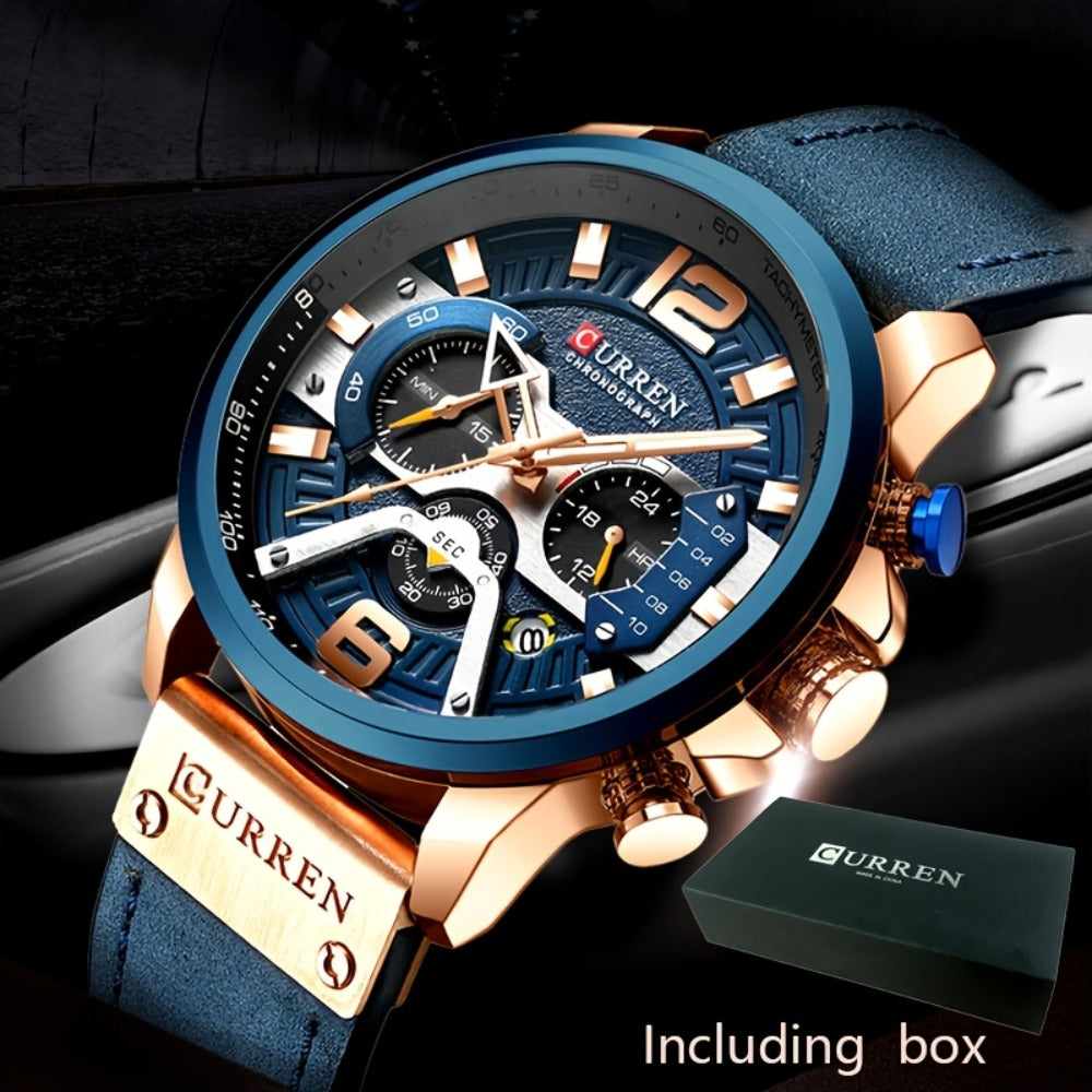 Men's Quartz Watch - CURREN Business Chronograph Faux Leather Strap Analog Date Stopwatch - main product view