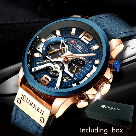 Men's Quartz Watch - CURREN Business Chronograph Faux Leather Strap Analog Date Stopwatch - main product view