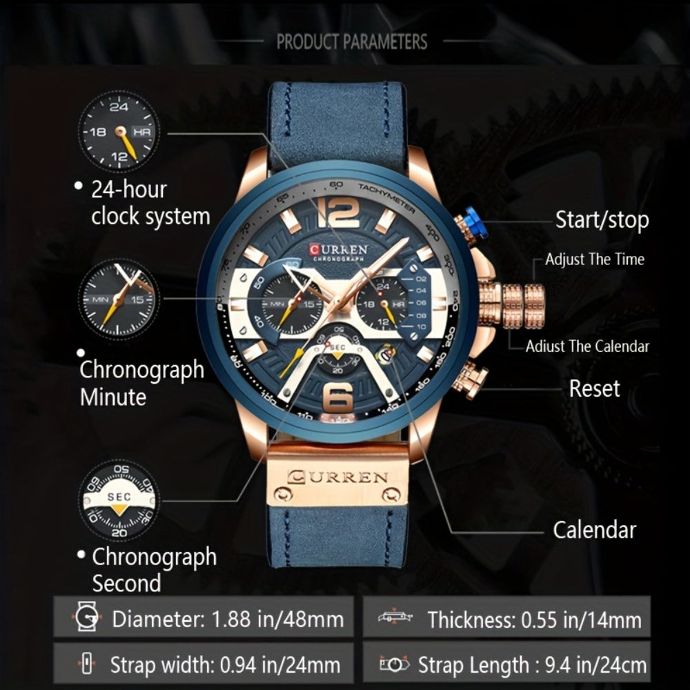 Men's Quartz Watch - CURREN Business Chronograph Faux Leather Strap Analog Date Stopwatch - product detail view 2