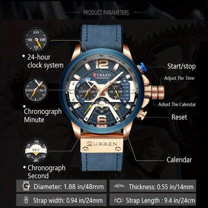 Men's Quartz Watch - CURREN Business Chronograph Faux Leather Strap Analog Date Stopwatch - product detail view 2