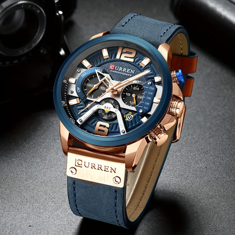 Men's Quartz Watch - CURREN Business Chronograph Faux Leather Strap Analog Date Stopwatch - product detail view 3