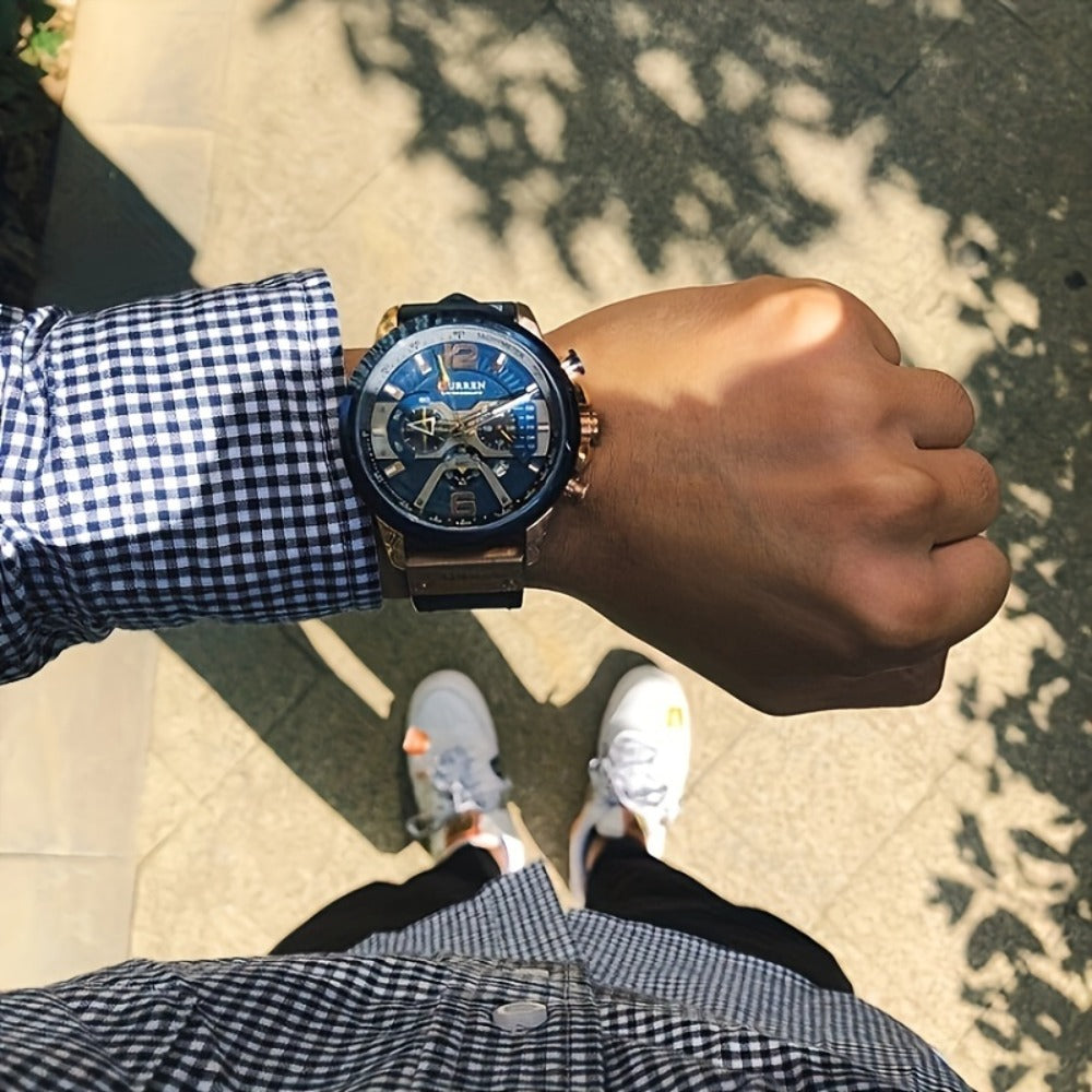 Men's Quartz Watch - CURREN Business Chronograph Faux Leather Strap Analog Date Stopwatch - product detail view 4