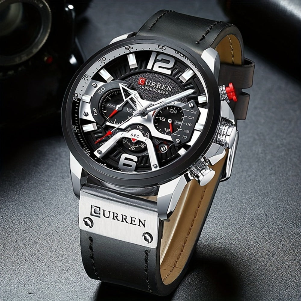 Men's Quartz Watch - CURREN Business Chronograph Faux Leather Strap Analog Date Stopwatch - product detail view 5