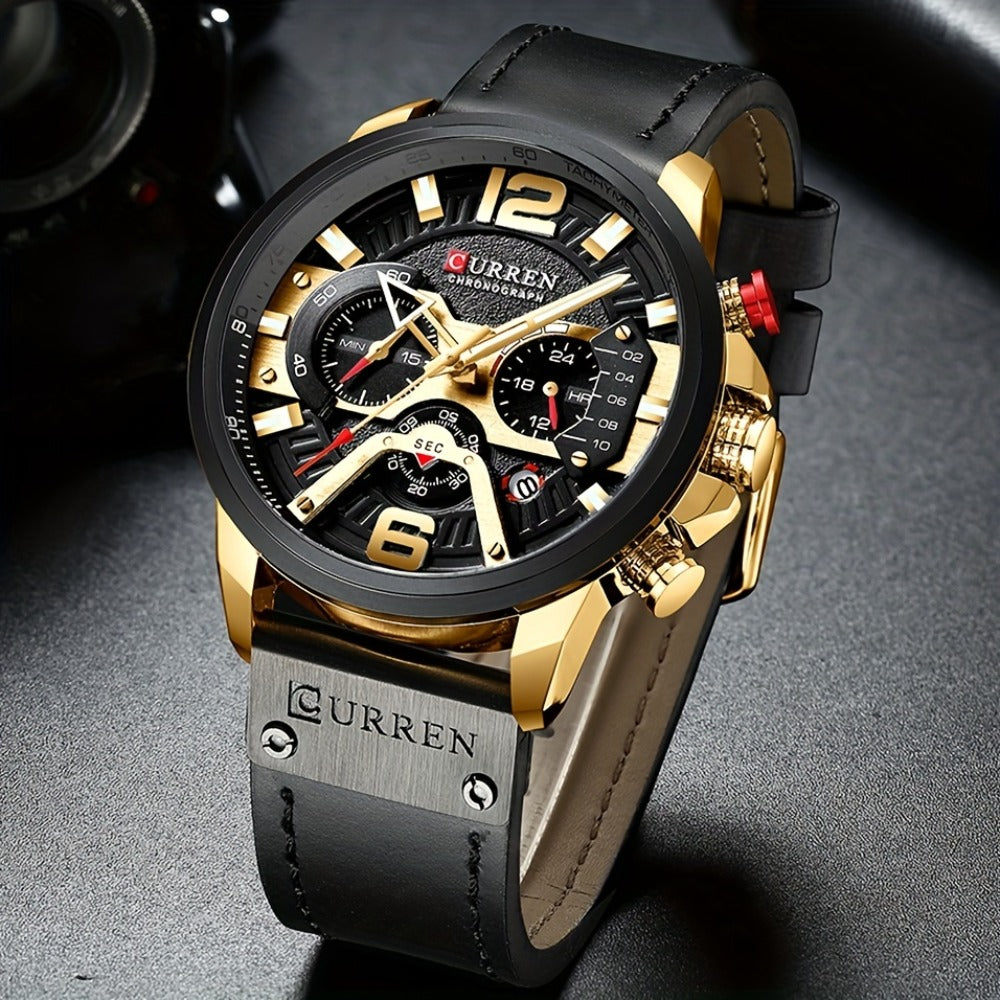 Men's Quartz Watch - CURREN Business Chronograph Faux Leather Strap Analog Date Stopwatch - product detail view 6