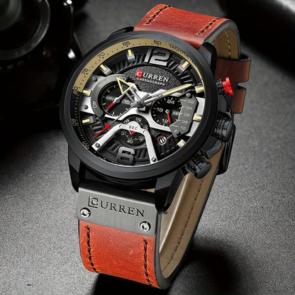 Men's Quartz Watch - CURREN Business Chronograph Faux Leather Strap Analog Date Stopwatch - product detail view 7
