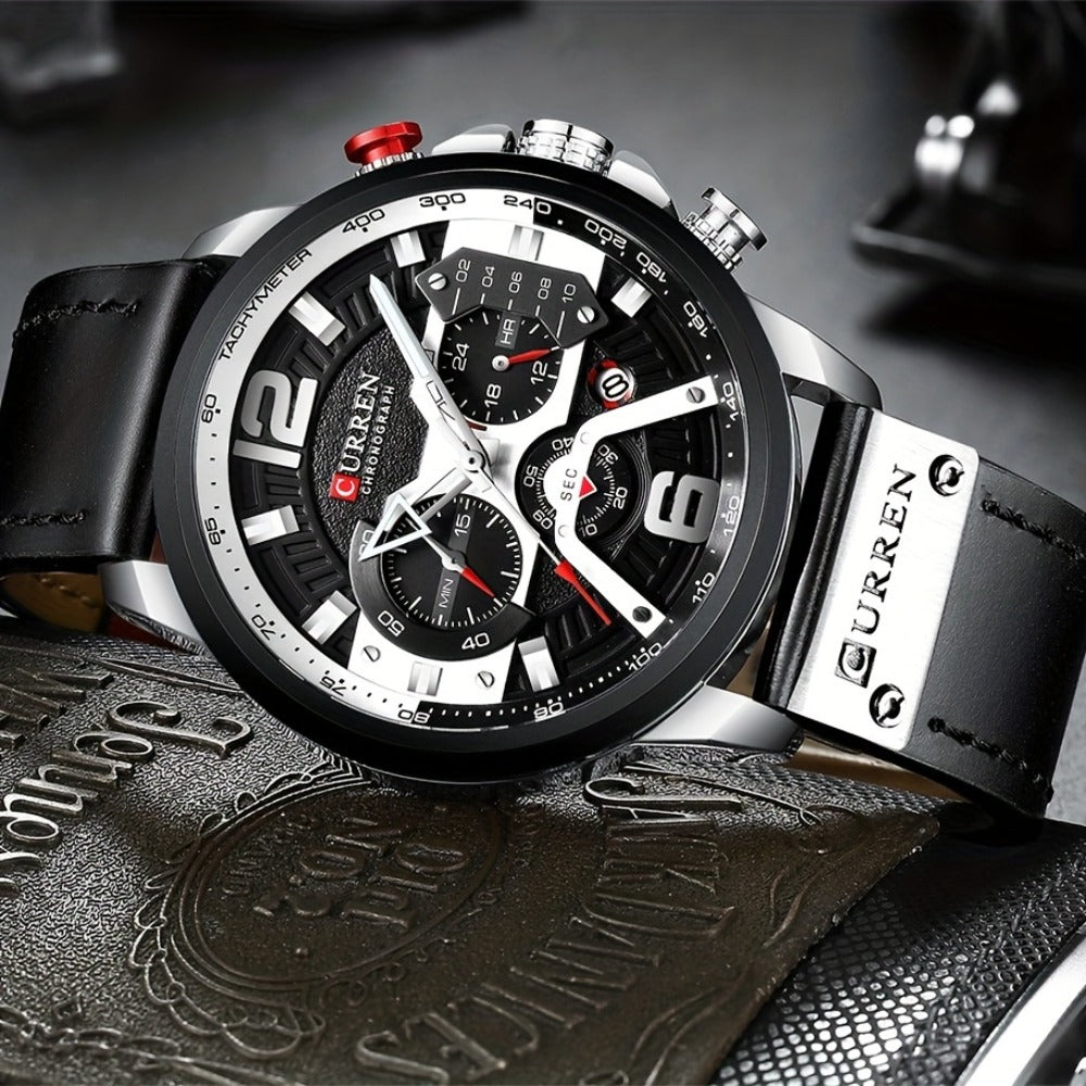 Men's Quartz Watch - CURREN Business Chronograph Faux Leather Strap Analog Date Stopwatch - product detail view 8
