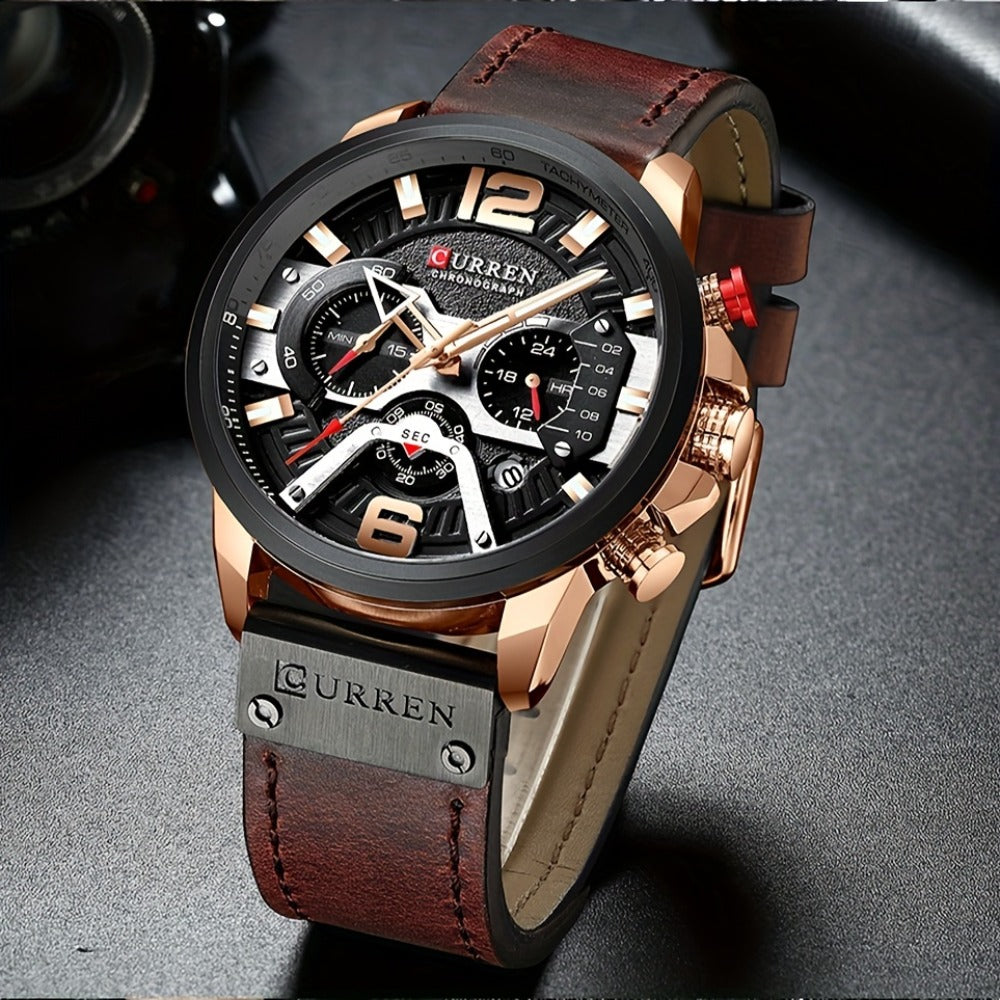Men's Quartz Watch - CURREN Business Chronograph Faux Leather Strap Analog Date Stopwatch - product detail view 9