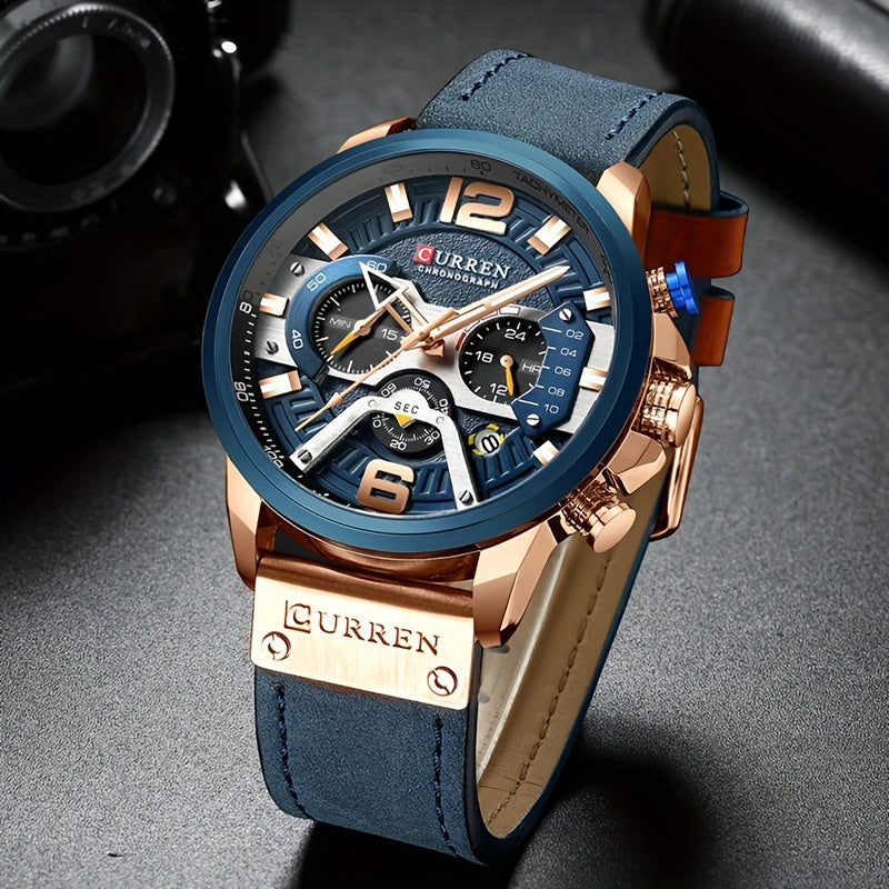Men's Quartz Watch - CURREN Business Chronograph Faux Leather Strap Analog Date Stopwatch - product detail view 10