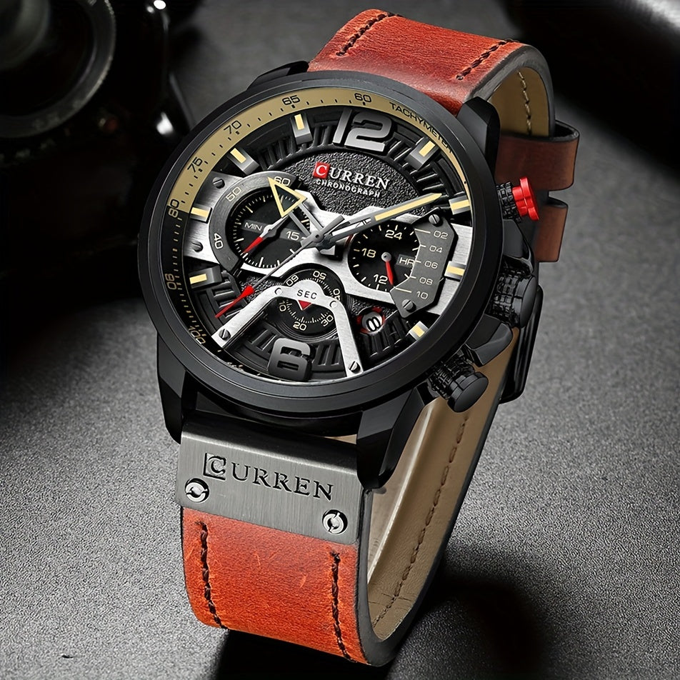 Men's Quartz Watch - CURREN Business Chronograph Faux Leather Strap Analog Date Stopwatch - product detail view 14
