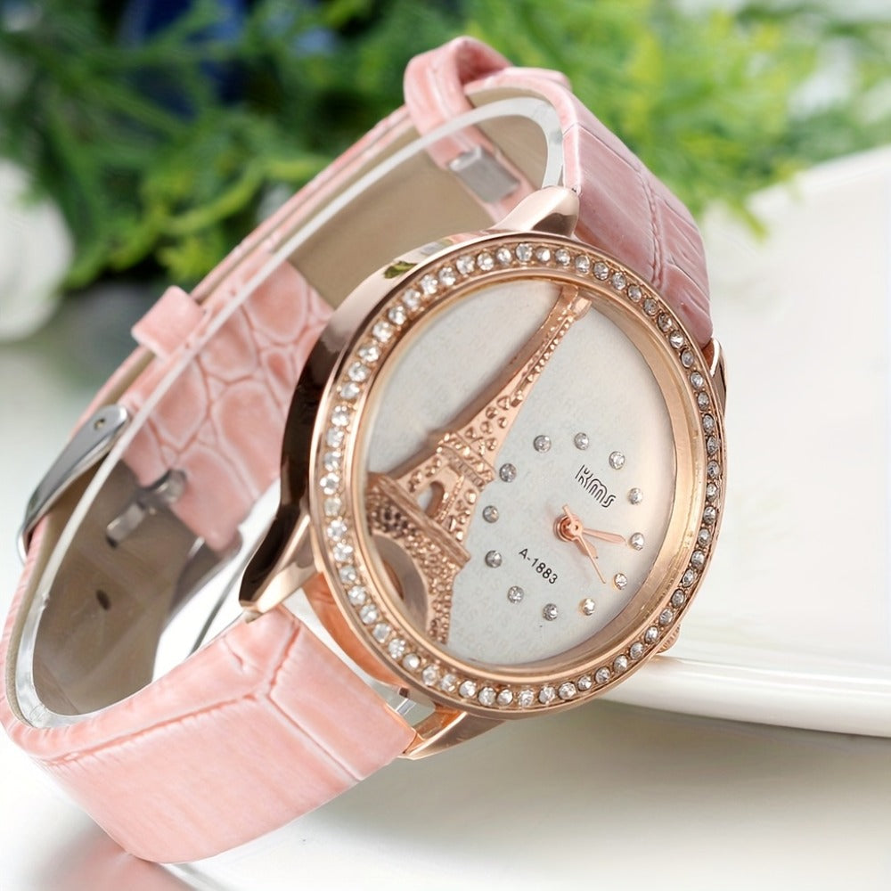 Women's Quartz Watch - Eiffel Tower Rhinestone for Jewelrywe Parisian Fashion Analog Wristwatch - product detail view 3