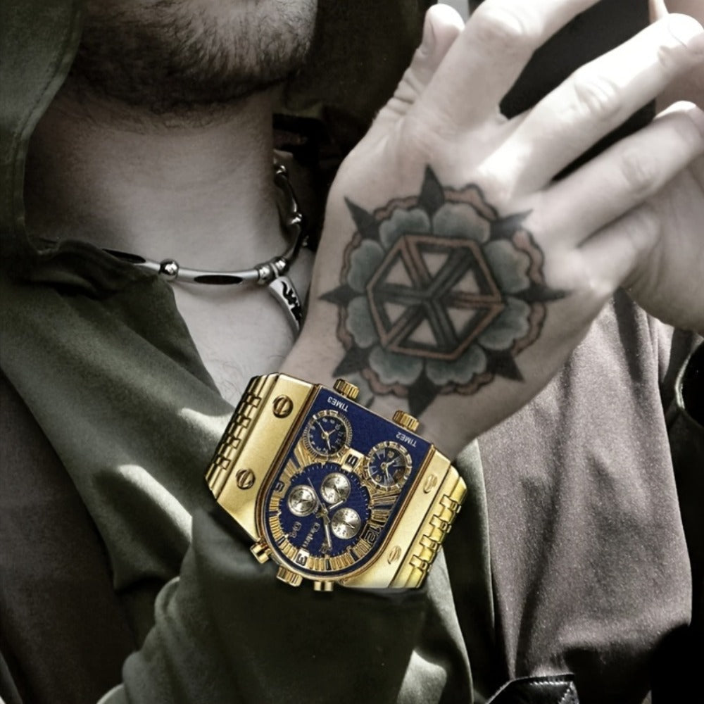 Men's Quartz Watch - Gold for Luxury Chronograph Roman Numeral Dial Date Multi-Timezone Alloy - product detail view 6