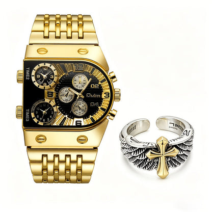 Men's Quartz Watch - Gold for Luxury Chronograph Roman Numeral Dial Date Multi-Timezone Alloy - product detail view 7