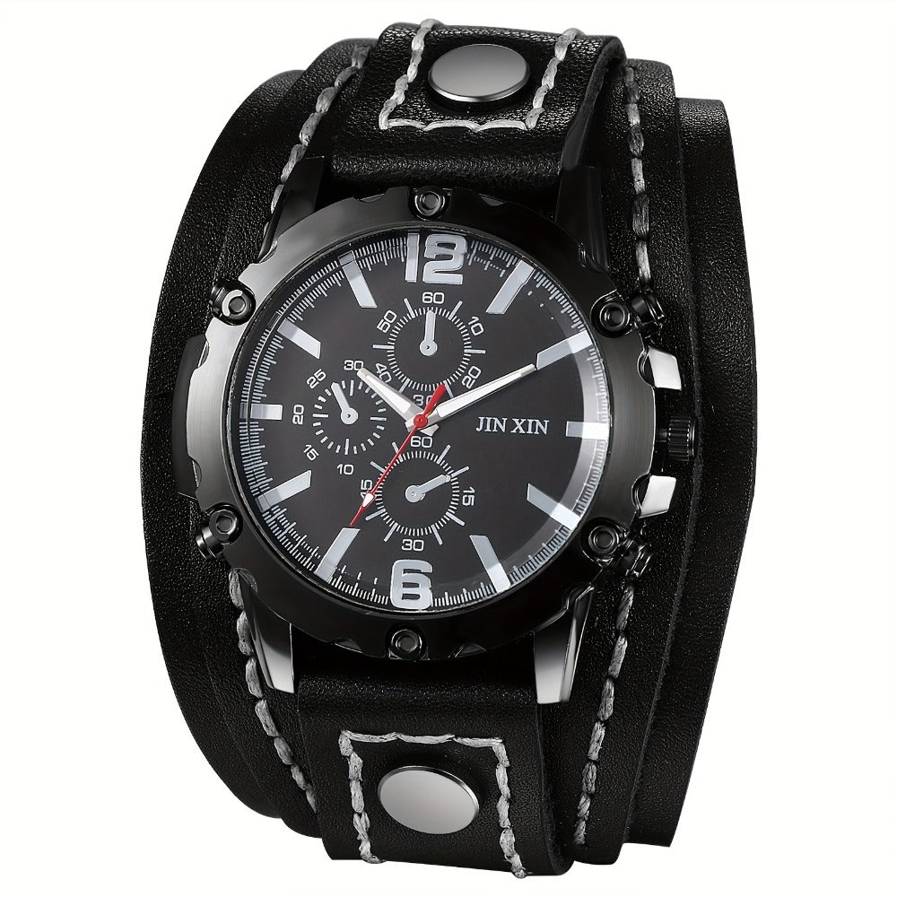 Men's Quartz Watch - Gothic Punk Leather Cuff Wristwatch for Wide Genuine Leather Band - main product view