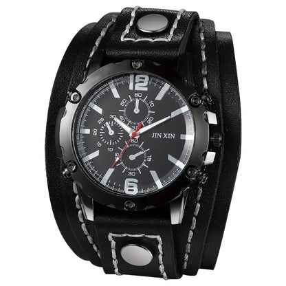 Men's Quartz Watch - Gothic Punk Leather Cuff Wristwatch for Wide Genuine Leather Band - main product view