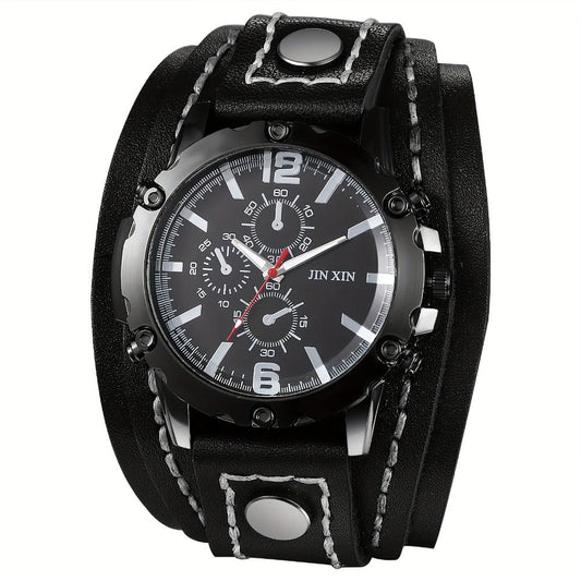 Men's Quartz Watch - Gothic Punk Leather Cuff Wristwatch for Wide Genuine Leather Band - main product view